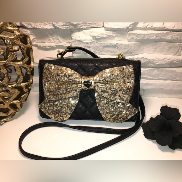 Betsey Johnson Handbags - Betsey Johnson Gold Sequin Bow Wallet Cross Body